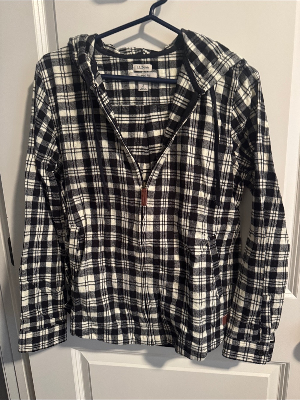 L.L. Bean Black and White Plaid Hooded Zip Jacket